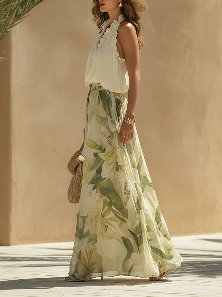 Alessia™ | Conjunto Top Ruffle de Chifón y Pantalón Estampado de Lirios