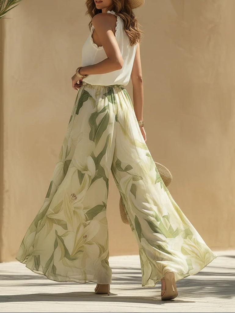 Alessia™ | Conjunto Top Ruffle de Chifón y Pantalón Estampado de Lirios