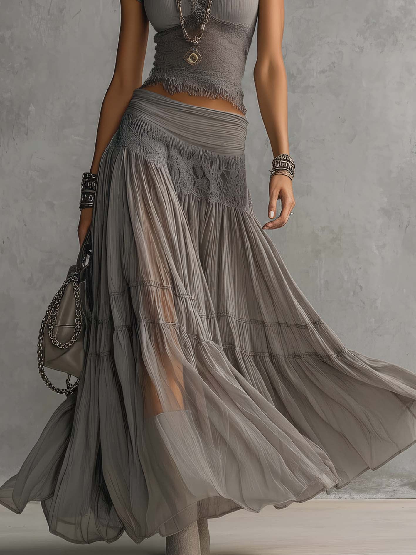 Alba™ | Conjunto gris con top de encaje y falda larga plisada