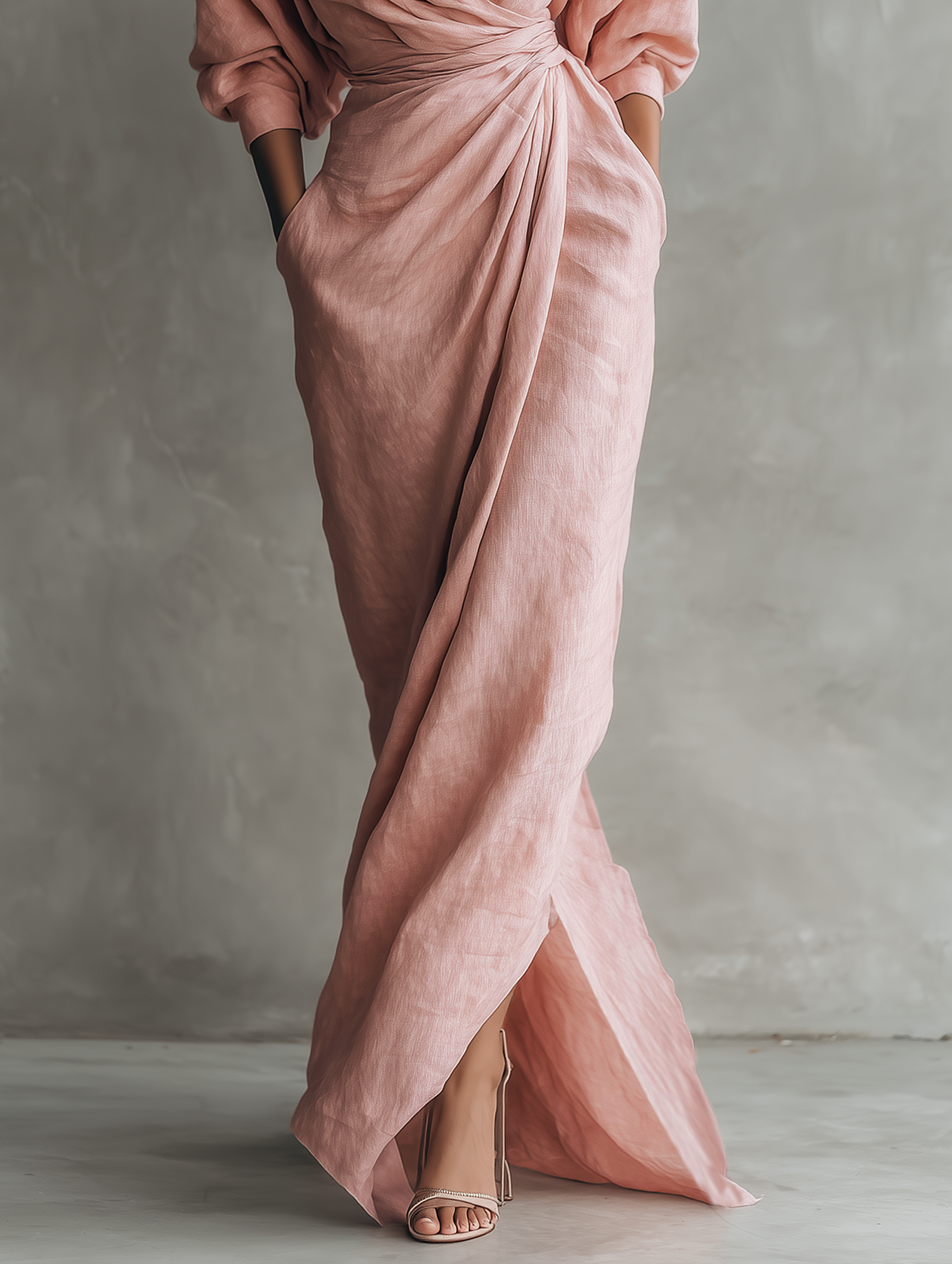 Taylor - Vestido Maxi Minimalista en Rosa con Escote en V de Mezcla de Lino para Mujer