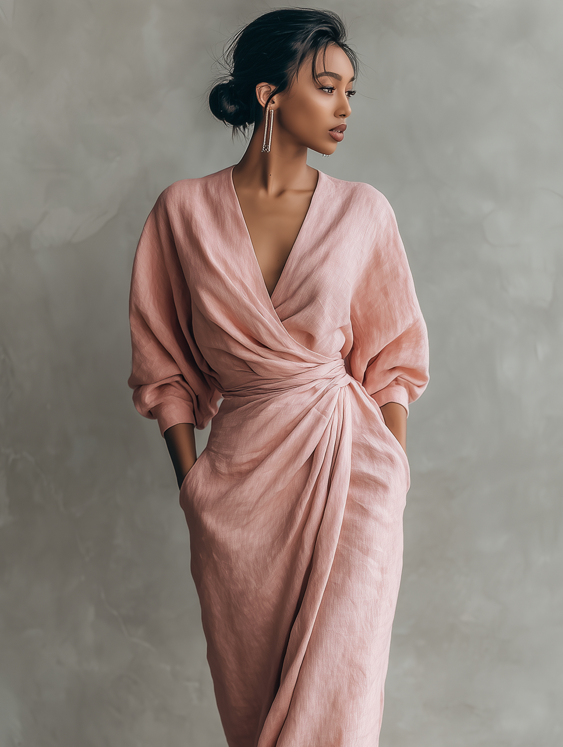 Taylor - Vestido Maxi Minimalista en Rosa con Escote en V de Mezcla de Lino para Mujer