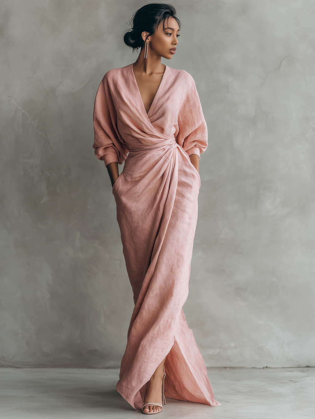 Taylor - Vestido Maxi Minimalista en Rosa con Escote en V de Mezcla de Lino para Mujer