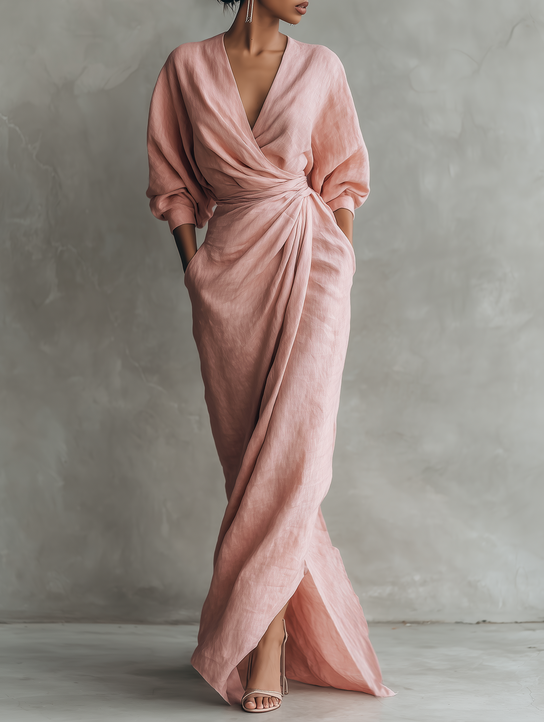 Taylor - Vestido Maxi Minimalista en Rosa con Escote en V de Mezcla de Lino para Mujer