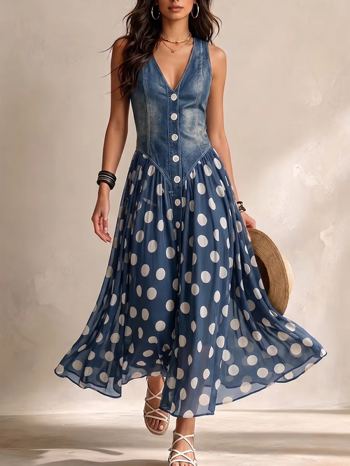 Brenda | Vestido Vaquero Elegante con Falda de gasa con Lunares