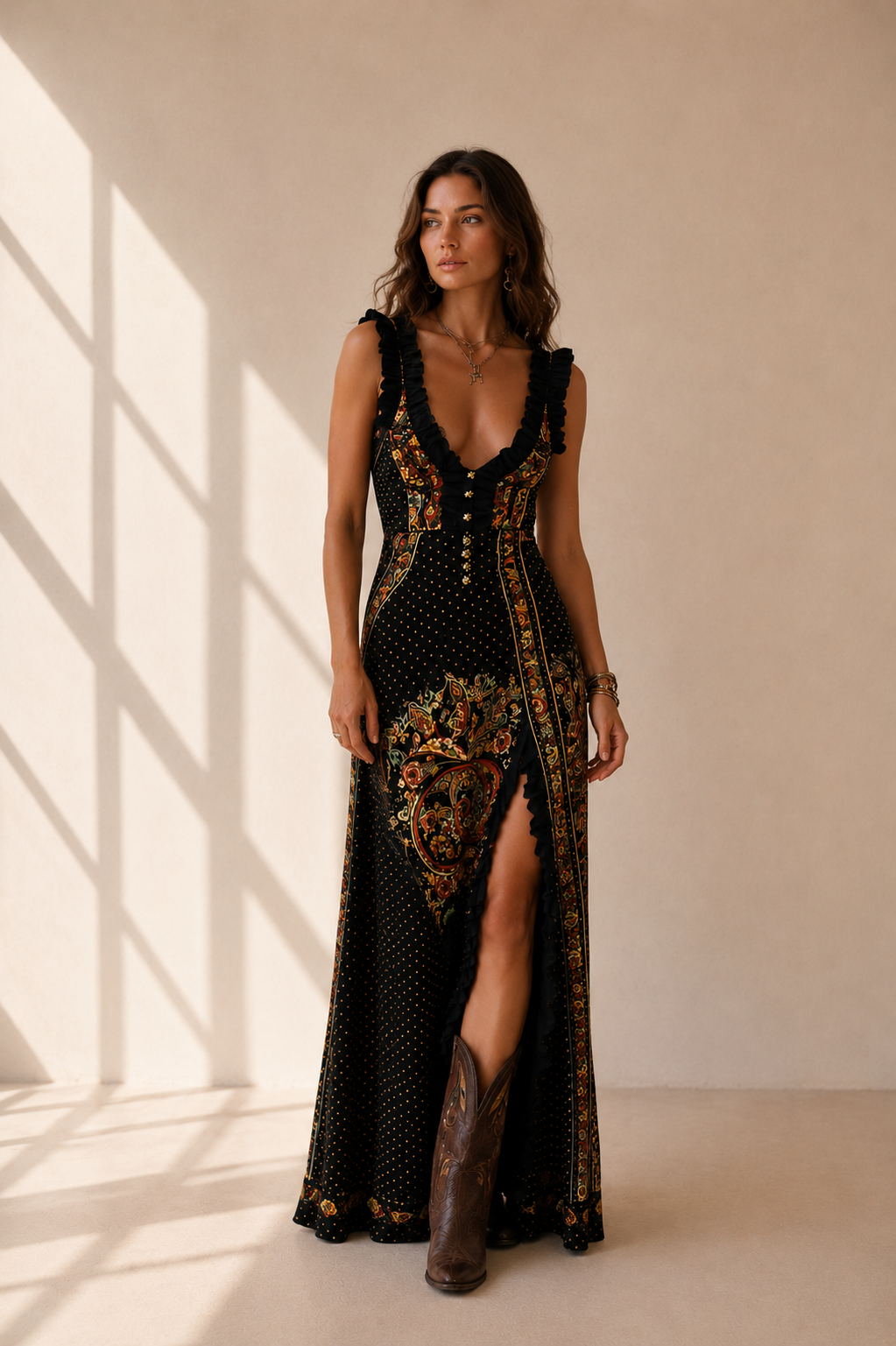 Vestido Estampado Estilo Bohemio con Escote en V Profundo y Abertura Alta
