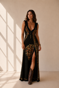 Vestido Estampado Estilo Bohemio con Escote en V Profundo y Abertura Alta