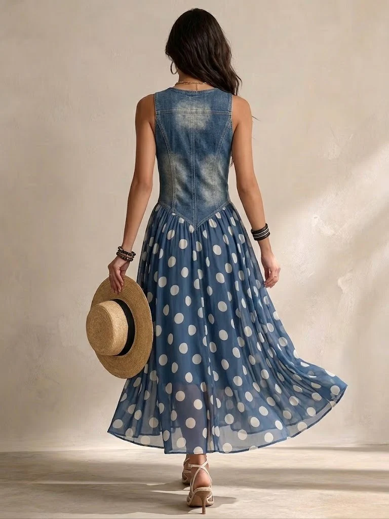 Brenda | Vestido Vaquero Elegante con Falda de gasa con Lunares