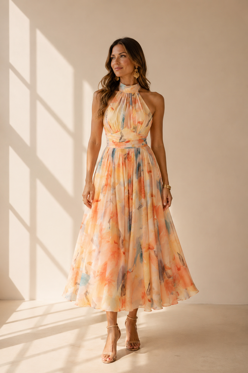 Aurora | Vestido Halter con Estampado Acuarela