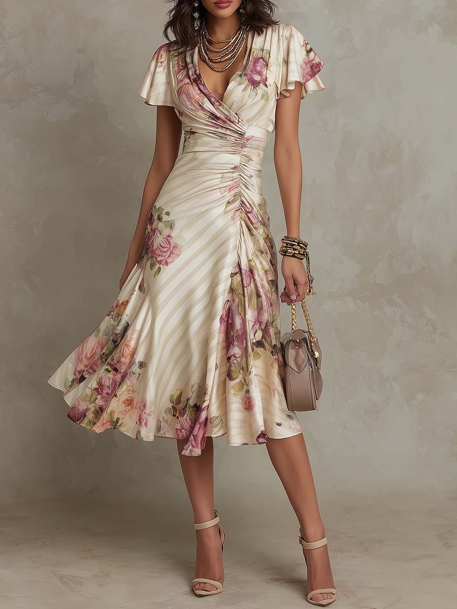 Vestido Midi Floral Vintage en Chiffon Marfil