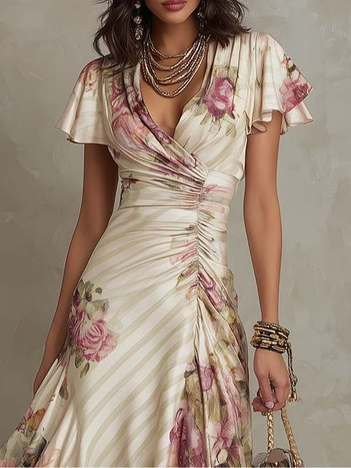 Vestido Midi Floral Vintage en Chiffon Marfil