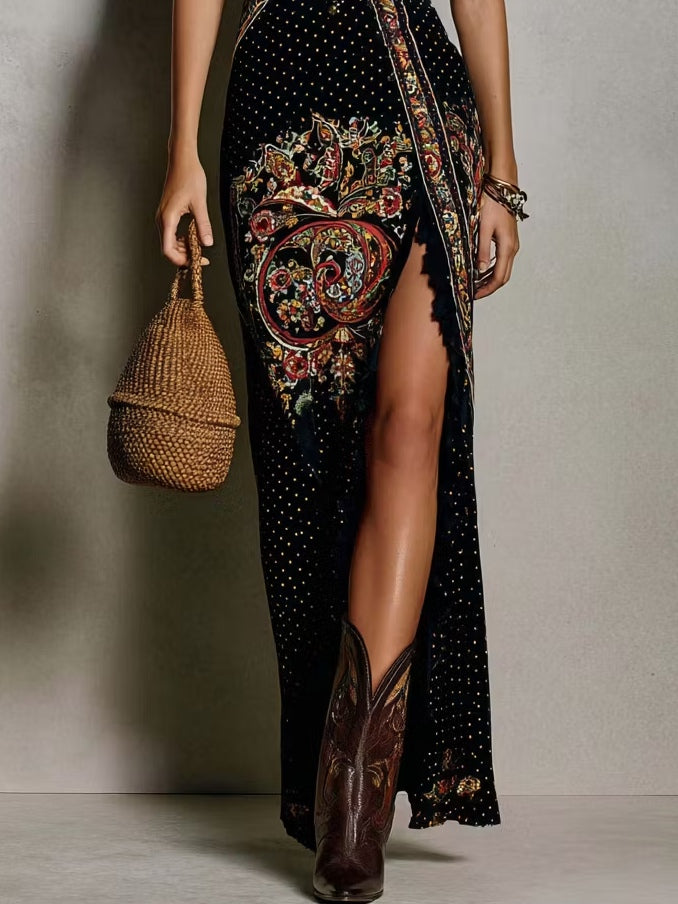 Vestido Estampado Estilo Bohemio con Escote en V Profundo y Abertura Alta