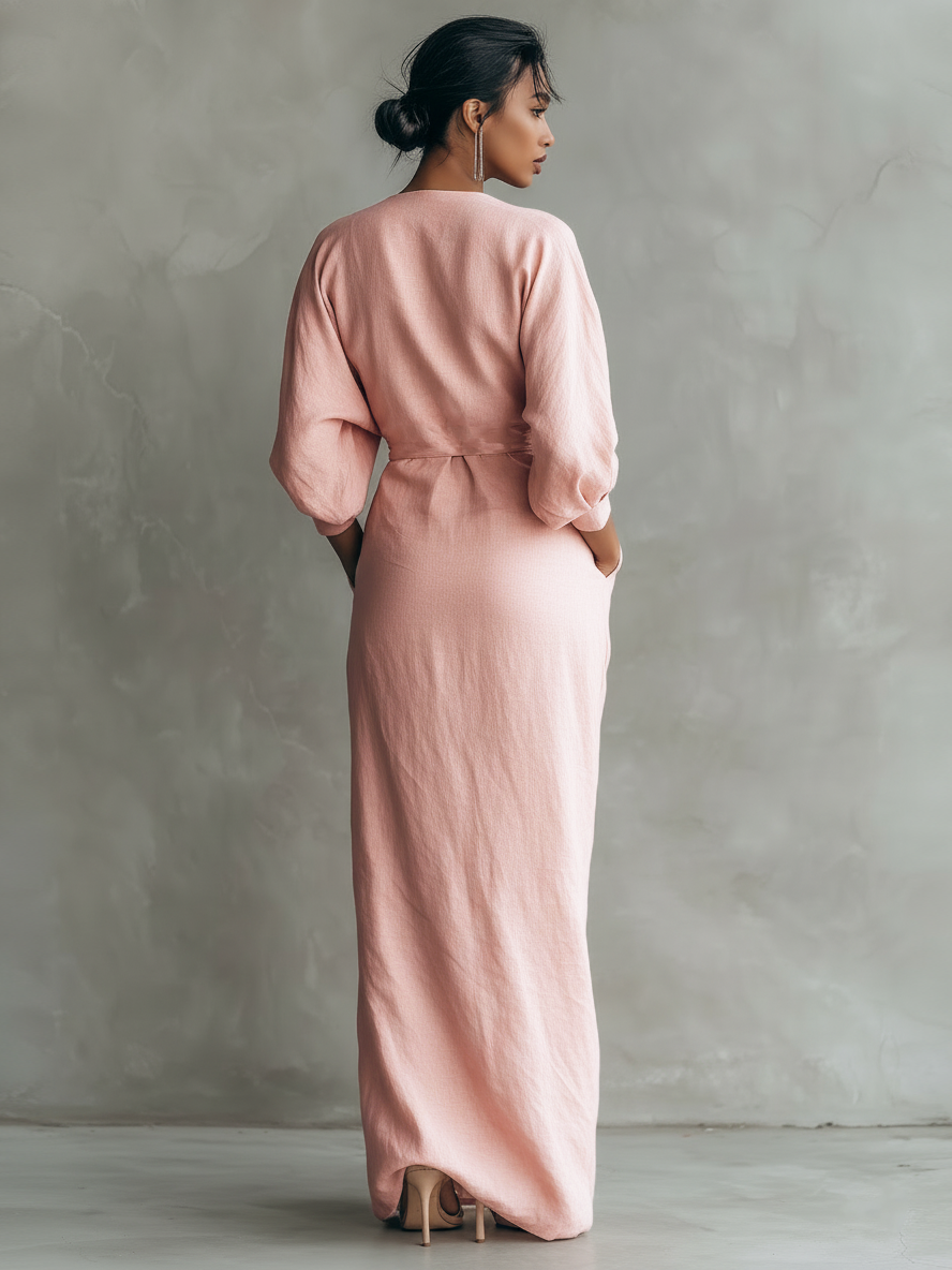 Taylor - Vestido Maxi Minimalista en Rosa con Escote en V de Mezcla de Lino para Mujer