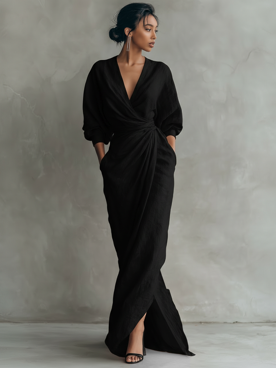 Taylor - Vestido Maxi Minimalista en Rosa con Escote en V de Mezcla de Lino para Mujer