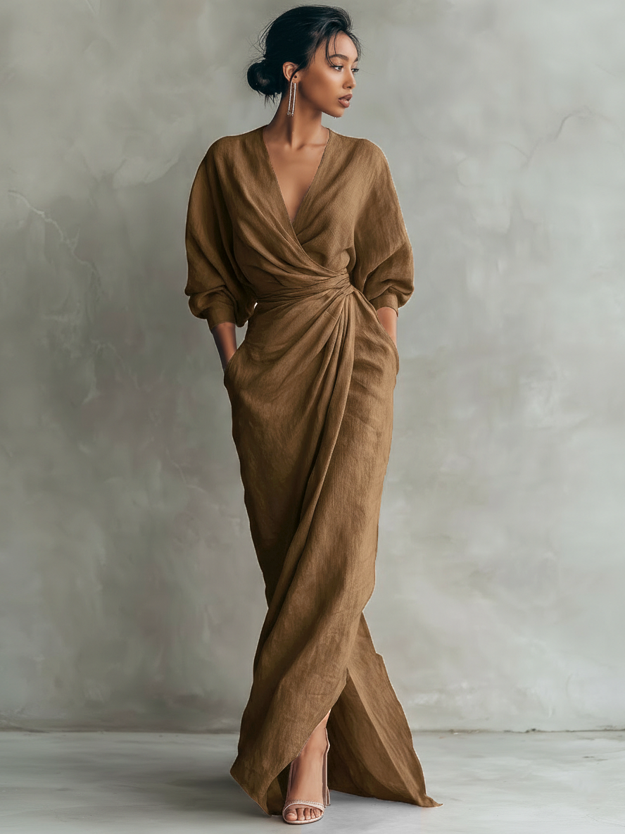 Taylor - Vestido Maxi Minimalista en Rosa con Escote en V de Mezcla de Lino para Mujer