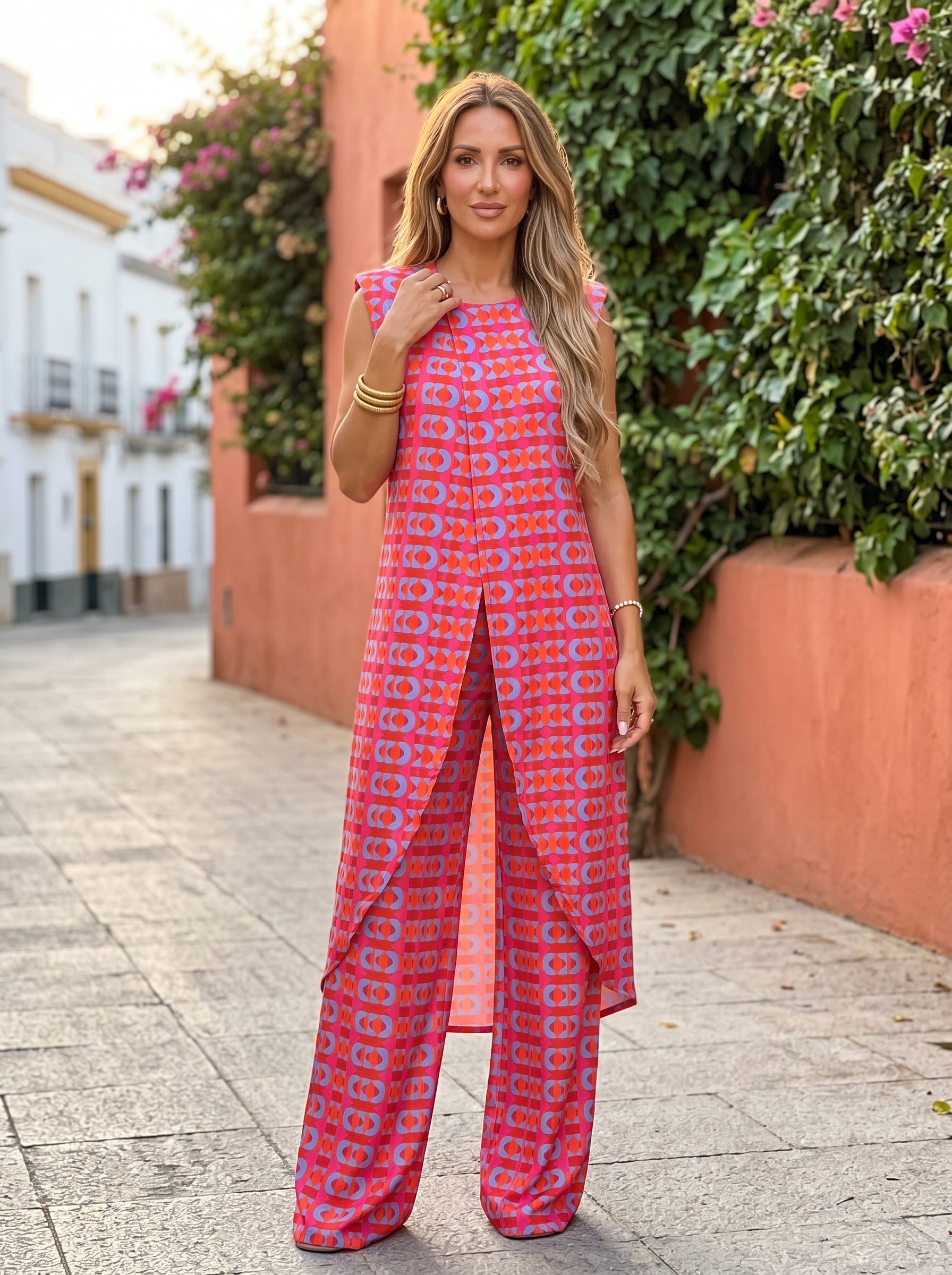 Vera | Conjunto fluido de túnica y pantalón palazzo con estampado retro