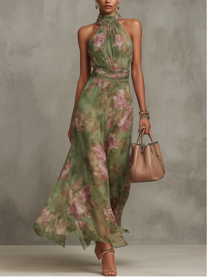 Serena · Vestido Largo Floral en Chiffon con Escote Halter