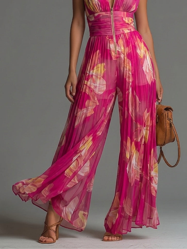 Nicole - Mono plisado de gasa con estampado floral fucsia