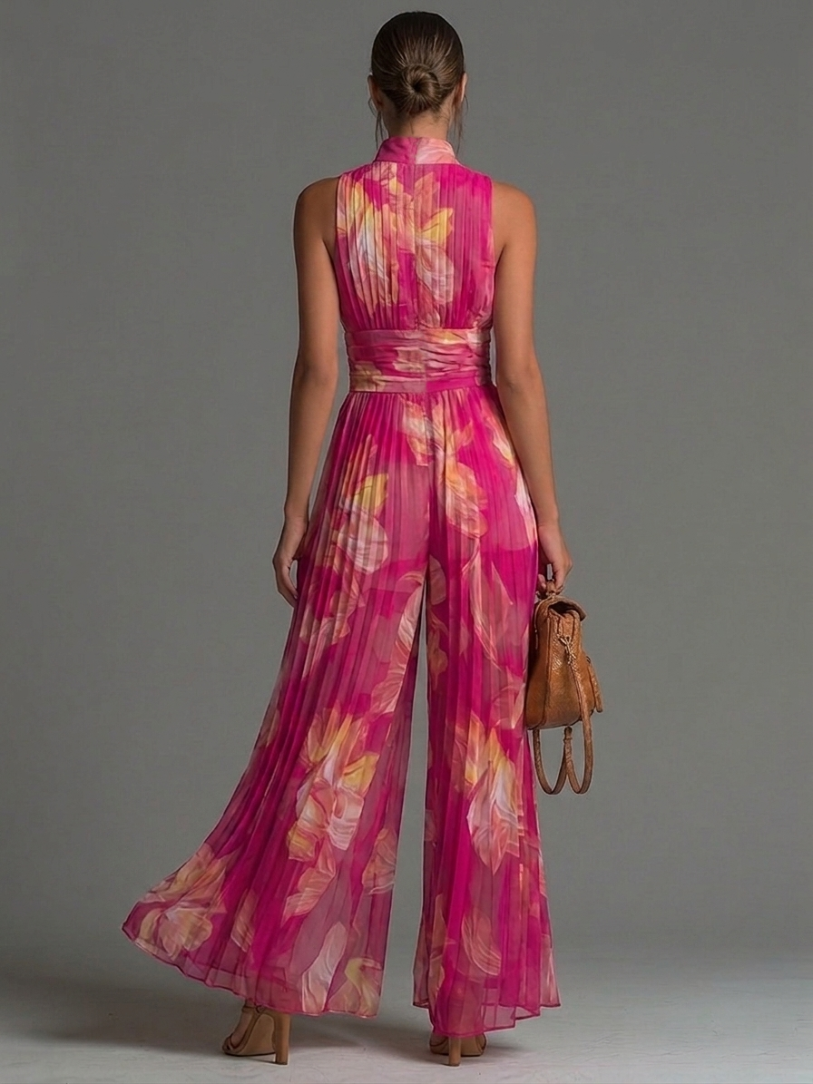 Nicole - Mono plisado de gasa con estampado floral fucsia