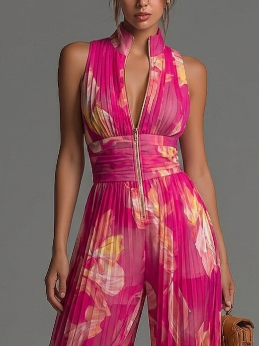 Nicole - Mono plisado de gasa con estampado floral fucsia
