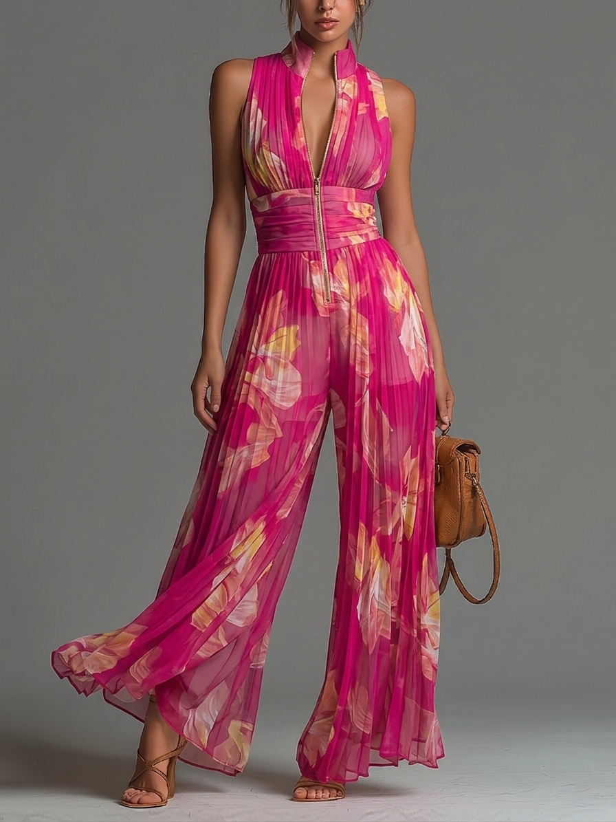 Nicole - Mono plisado de gasa con estampado floral fucsia
