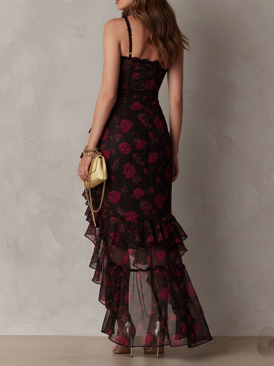 Vestido Chic Floral Negro y Rojo con Fruncido y Bajo de Volantes