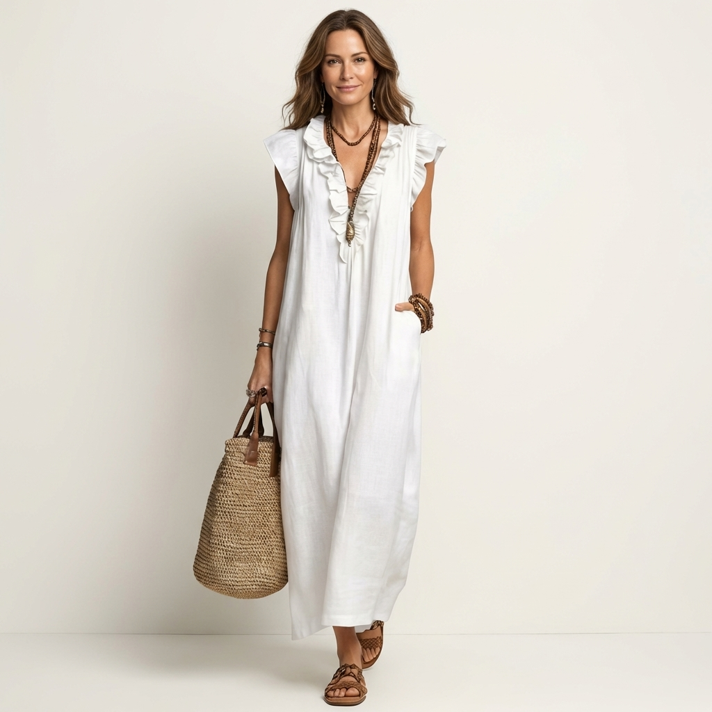 Josette | Vestido Maxi de Lino con Escote en V y Volantes