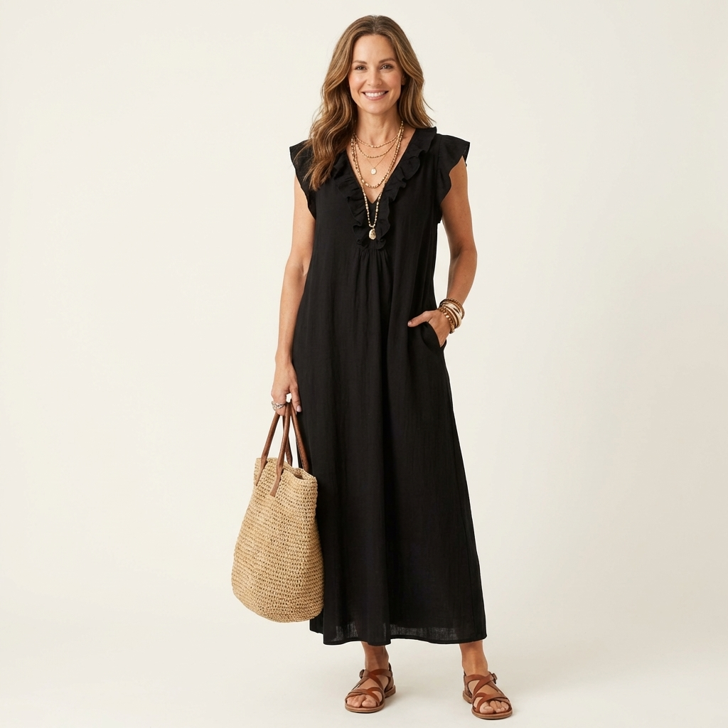 Josette | Vestido Maxi de Lino con Escote en V y Volantes