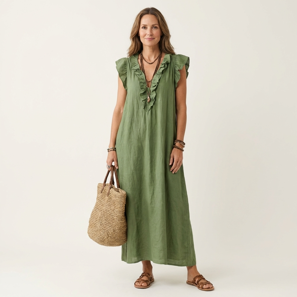 Josette | Vestido Maxi de Lino con Escote en V y Volantes