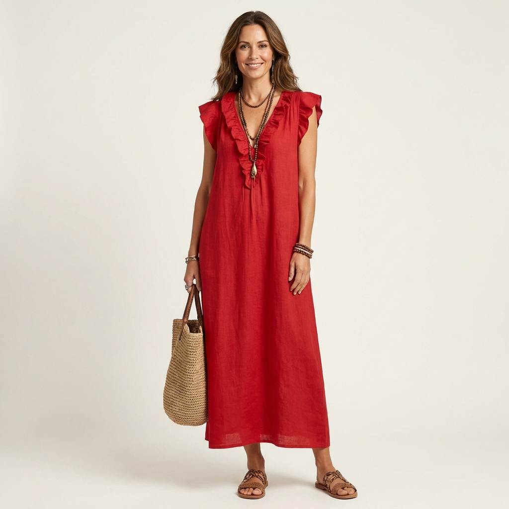 Josette | Vestido Maxi de Lino con Escote en V y Volantes