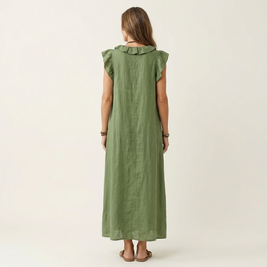 Josette | Vestido Maxi de Lino con Escote en V y Volantes