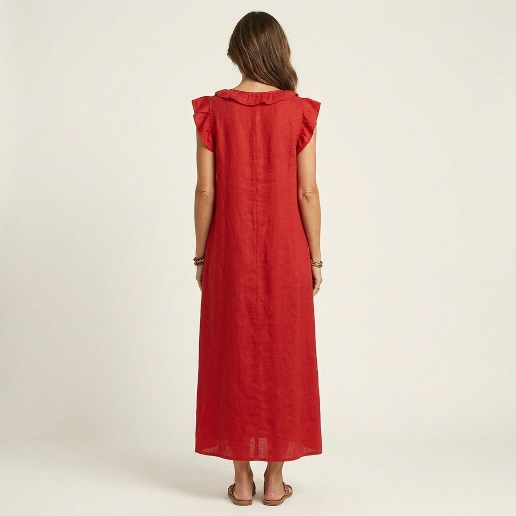 Josette | Vestido Maxi de Lino con Escote en V y Volantes