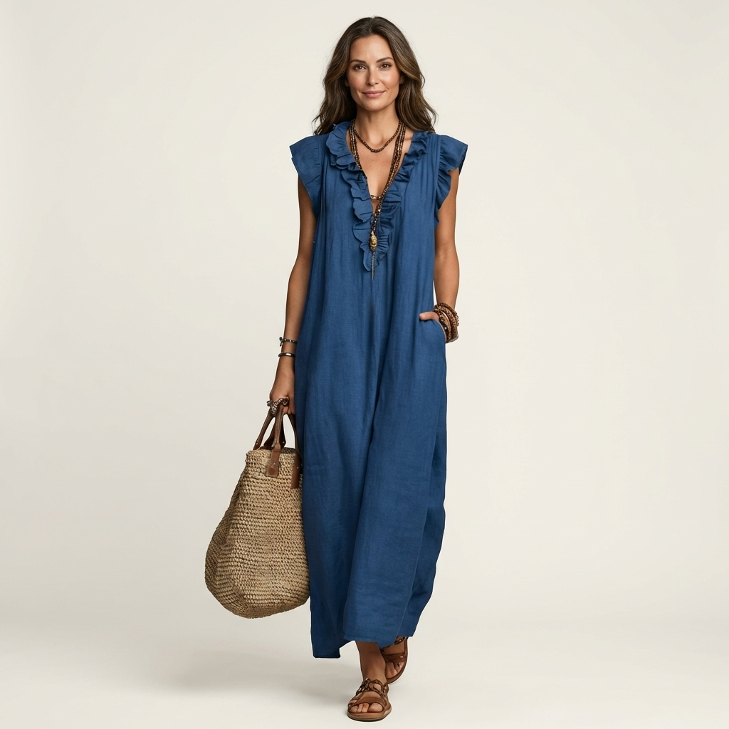 Josette | Vestido Maxi de Lino con Escote en V y Volantes