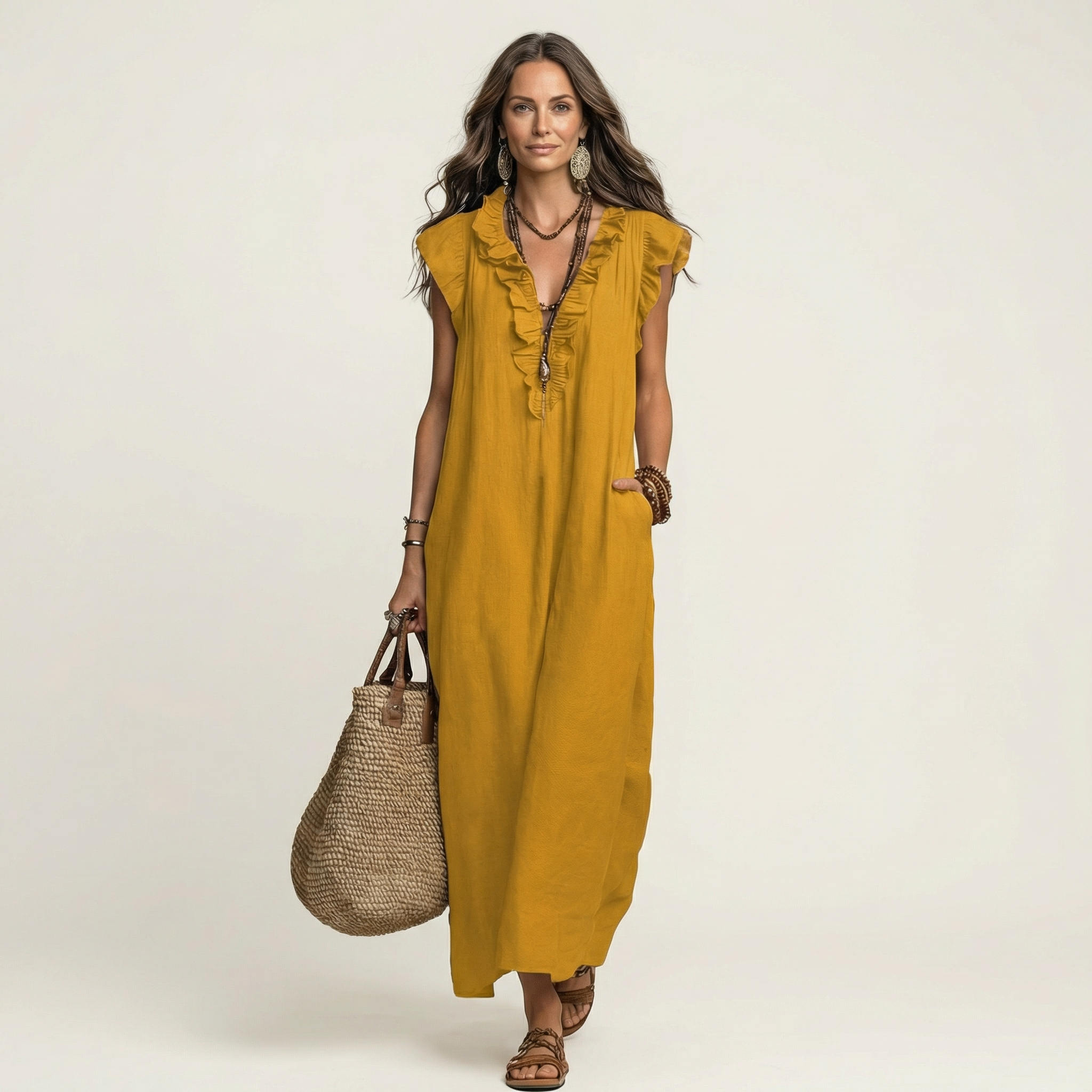 Josette | Vestido Maxi de Lino con Escote en V y Volantes