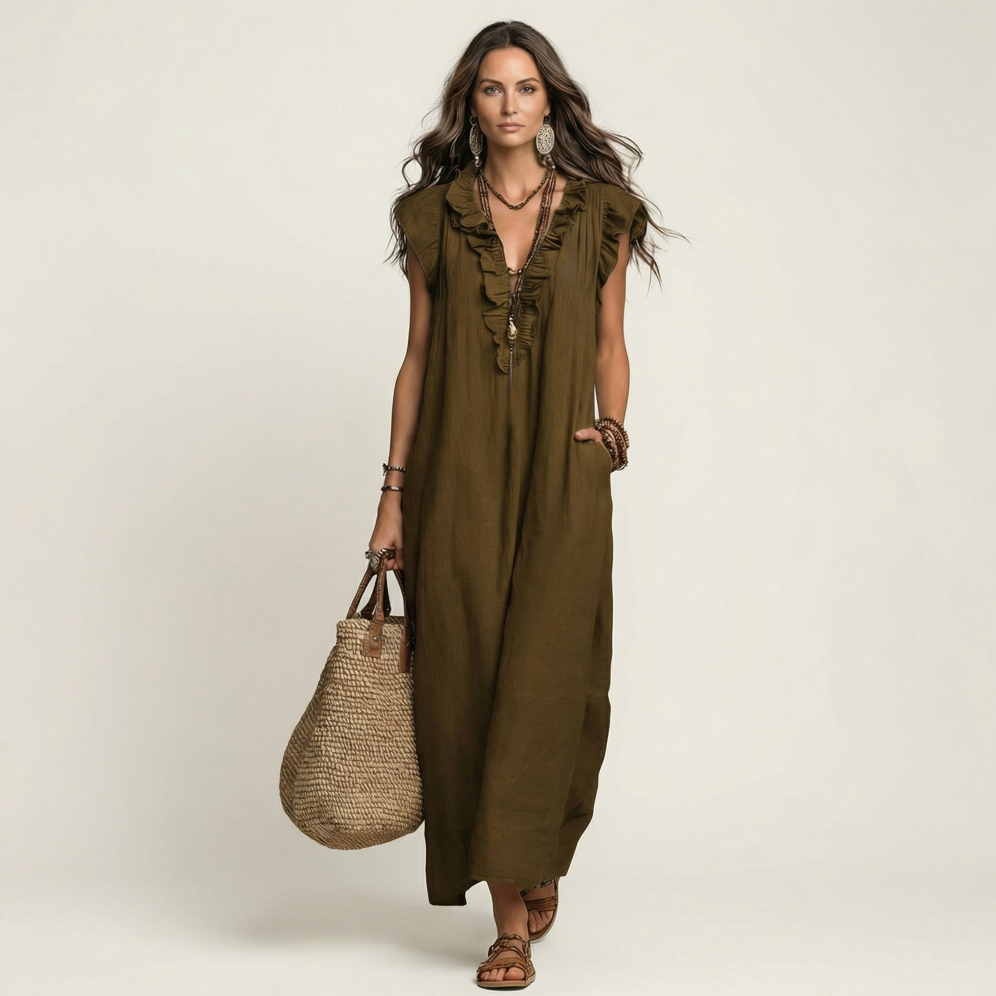 Josette | Vestido Maxi de Lino con Escote en V y Volantes