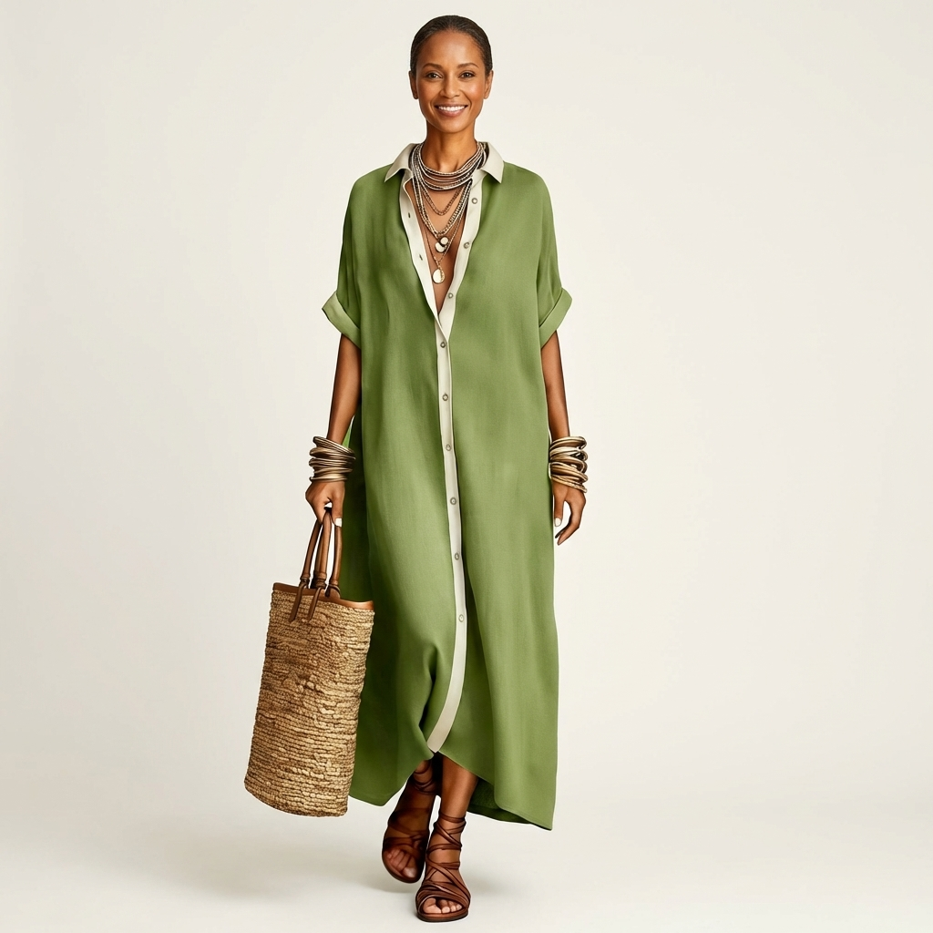 Kamira | Vestido Camisero Maxi con Cuello de Contraste, Botones y Manga Corta