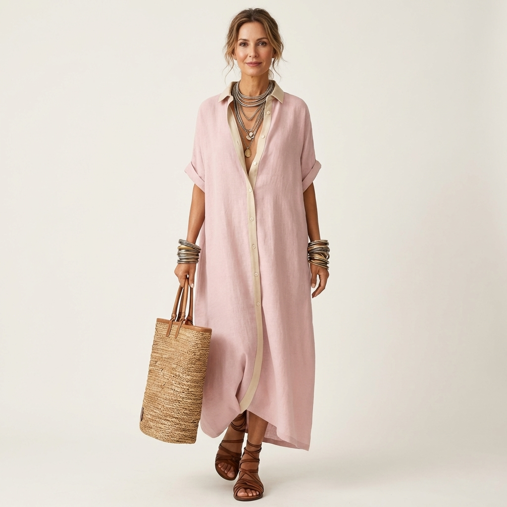 Kamira | Vestido Camisero Maxi con Cuello de Contraste, Botones y Manga Corta