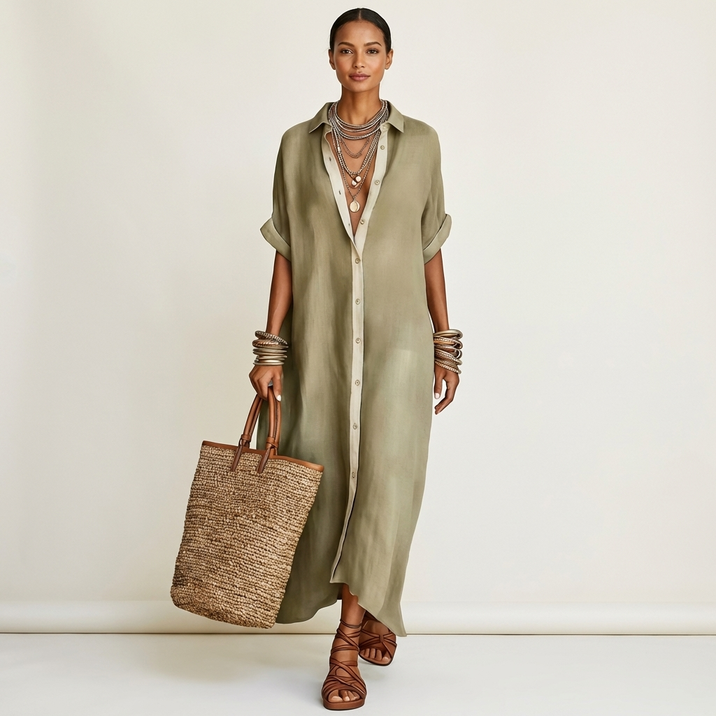 Kamira | Vestido Camisero Maxi con Cuello de Contraste, Botones y Manga Corta