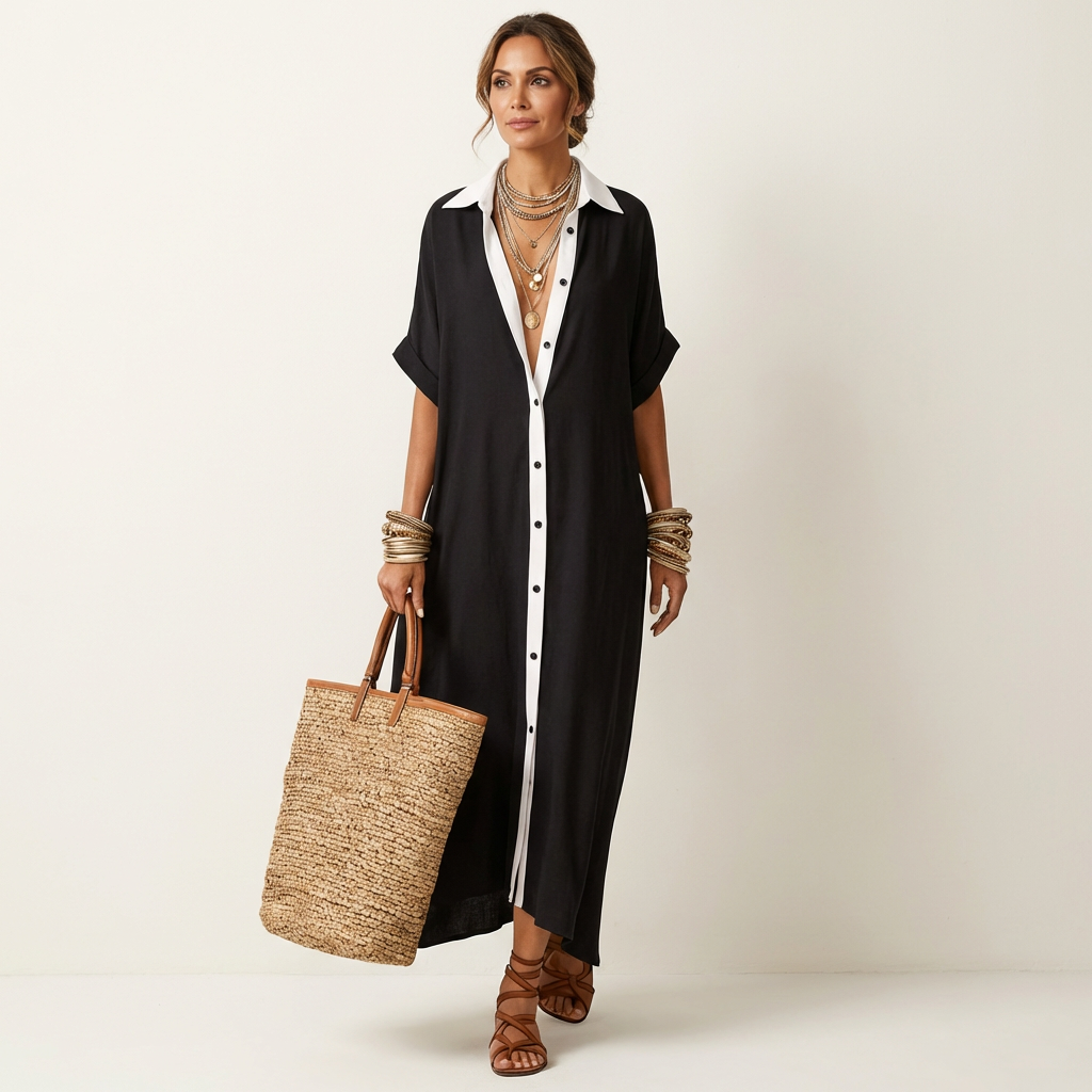 Kamira | Vestido Camisero Maxi con Cuello de Contraste, Botones y Manga Corta