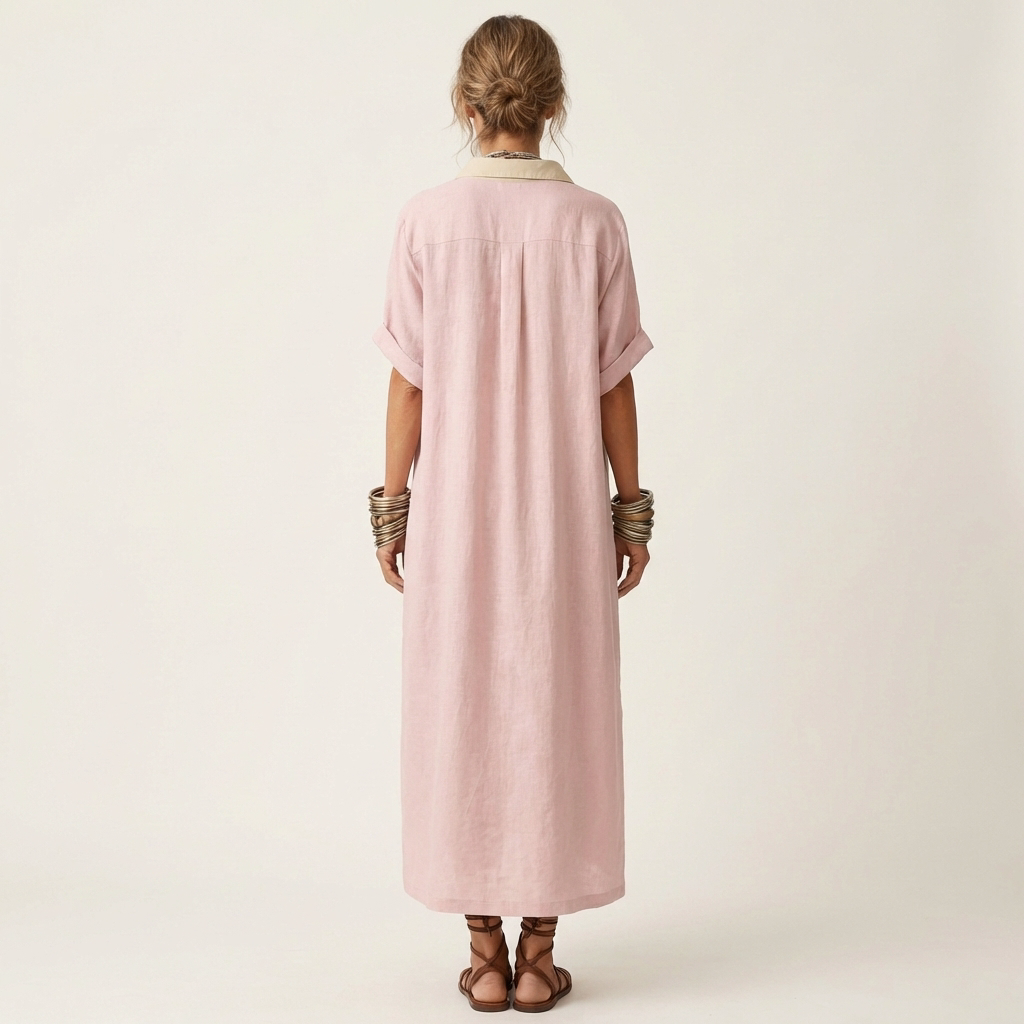 Kamira | Vestido Camisero Maxi con Cuello de Contraste, Botones y Manga Corta