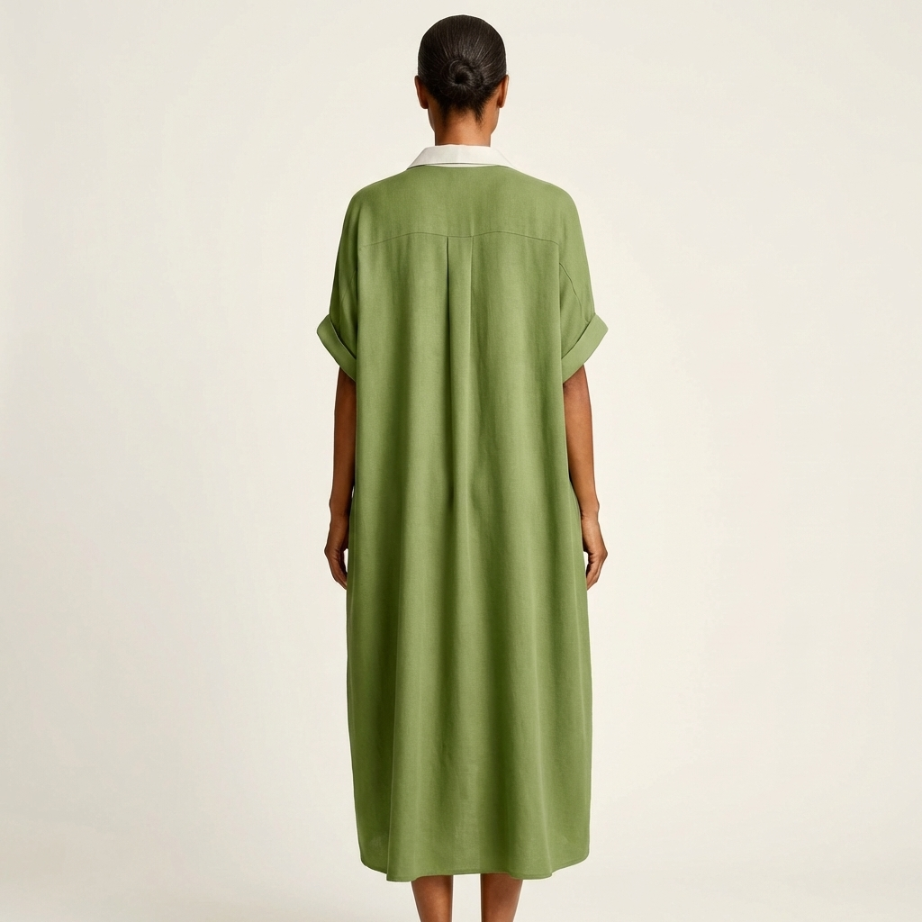 Kamira | Vestido Camisero Maxi con Cuello de Contraste, Botones y Manga Corta