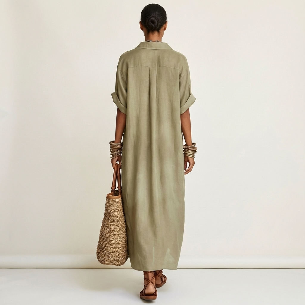 Kamira | Vestido Camisero Maxi con Cuello de Contraste, Botones y Manga Corta