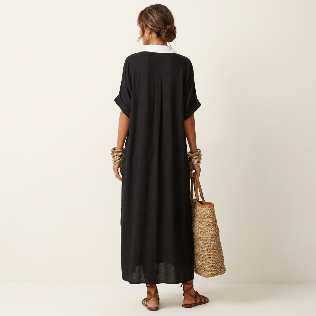 Kamira | Vestido Camisero Maxi con Cuello de Contraste, Botones y Manga Corta