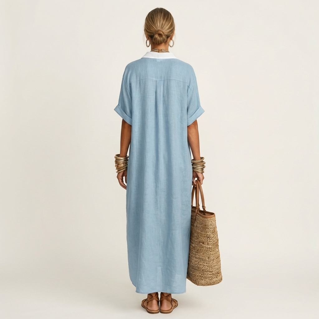 Kamira | Vestido Camisero Maxi con Cuello de Contraste, Botones y Manga Corta
