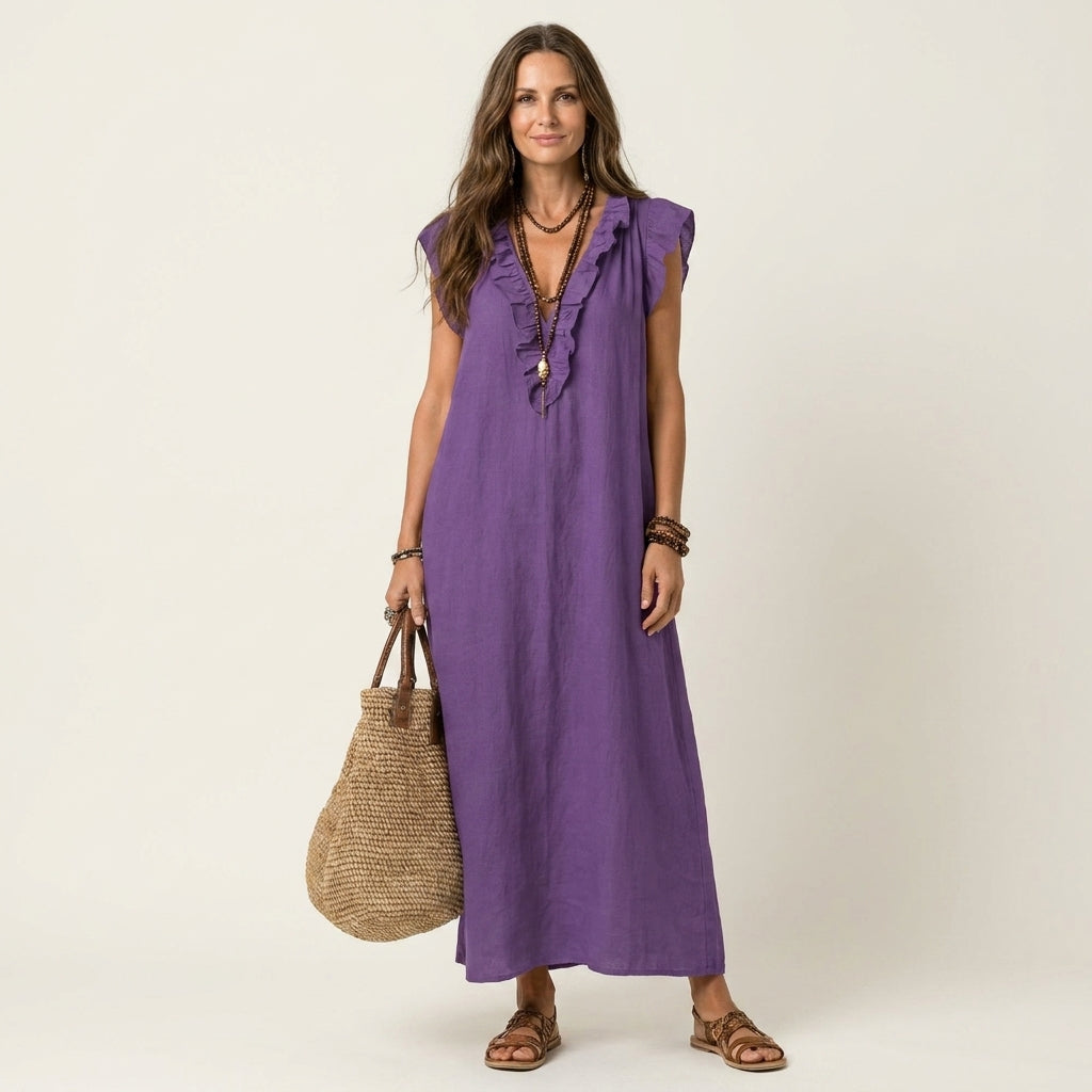 Josette | Vestido Maxi de Lino con Escote en V y Volantes