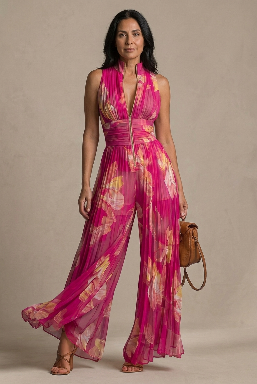Nicole - Mono plisado de gasa con estampado floral fucsia